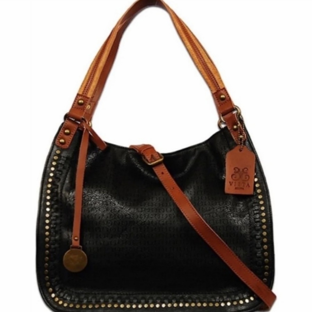 Vieta Studded Black Satchel with Detachable Strap